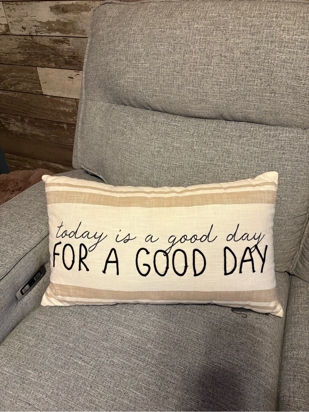 Neutral Beige Stripe Accent Pillow with Positive Script